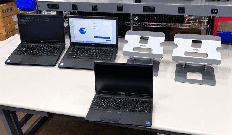 Dell laptops staged for IT asset processing at Prime Asset Recovery's Marietta facility